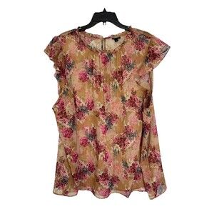 Torrid Crinkle Chiffon Top Womens 4 Tan Pink Semi Sheer Floral Flutter Sleeve